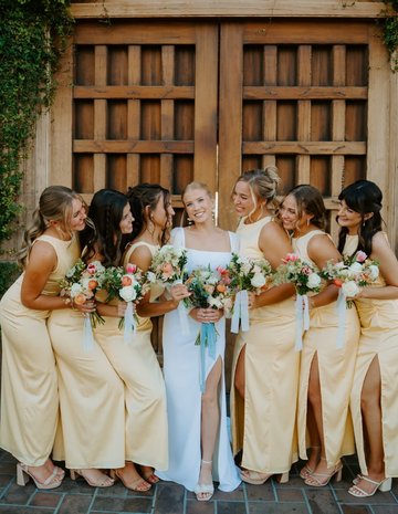 Backless A Line Round Neck Light Yellow Satin Long Bridesmaid Dress Evening Dress with Slit HZ1023